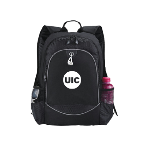 Image of a black UIC branded backpack